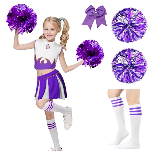Celvibe Cheerleader Kostüm Mädchen, Cheerleadering Outfit Uniform mit Pompoms, Cheer Outfit für Kinder Karneval Halloween,Fasching,Mottoparty (Lila, 140) von Celvibe