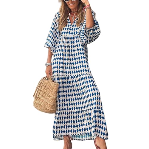 Cemssitu Womens Puff Sleeve Floral Boho Maxi Dress, 2025 V Neck Geometric Pattern Smocked Ruffle Flowy Beach Dress (D,S) von Cemssitu