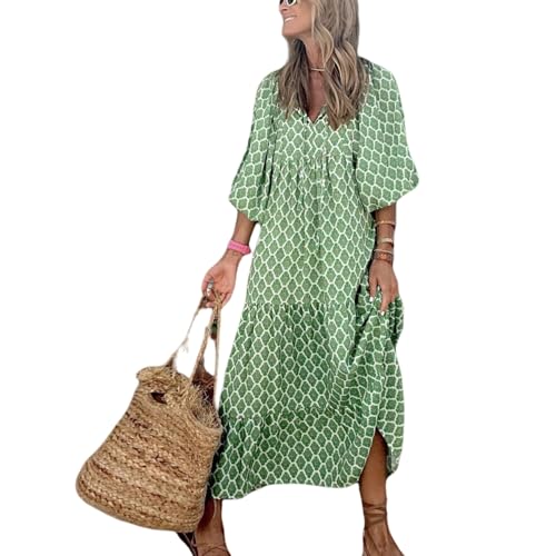 Cemssitu Womens Puff Sleeve Floral Boho Maxi Dress, 2025 V Neck Geometric Pattern Smocked Ruffle Flowy Beach Dress (G,S) von Cemssitu