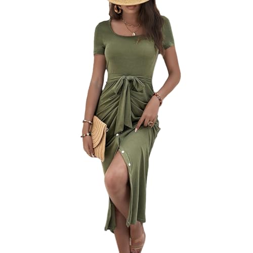 Damen 2025 Sommer Maxi T-Shirt Kleid Kurzarm Rundhalsausschnitt Bindegürtel Slim Fit Schlitz Figurbetontes Rüschenkleid Armeegrün L von Cenei