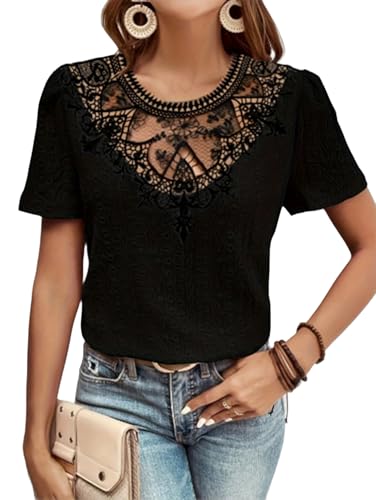 Damen Kurzarm Tunika Tank Tops Casual Spitzenhemd Blusen Schwarz M von Cenei