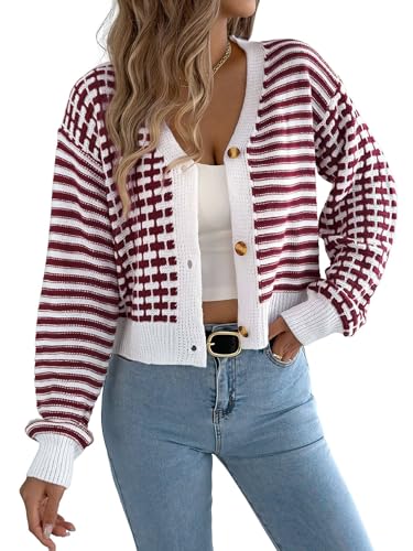 Damen Langarm Gestreifte Strickjacke Gestreift Kurz Geknöpft Herbst Trendy Offene Vorderseite Strickpullover Mäntel Weinrot XL von Cenei