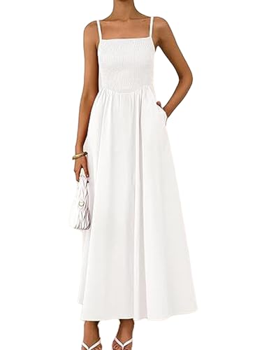 Damen Sommer Maxikleider Strand Sommerkleid Spaghettiträger Gesmokt Swing A-Linie Langes Fließendes Kleid XXL von Cenei