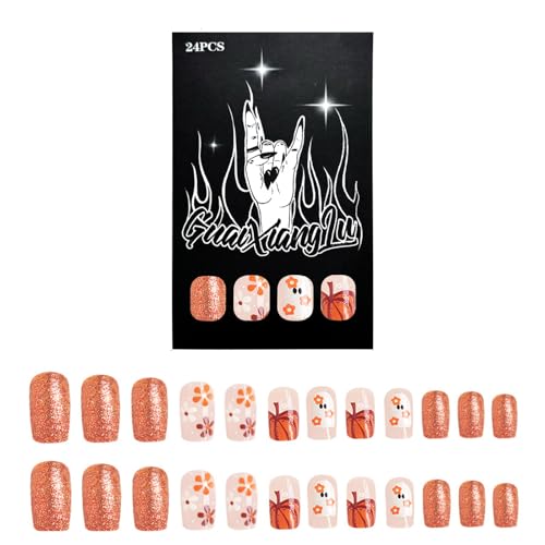 24pcs Halloween False Nails Square Thanksgiving Press An Mit Blumenkürbis Designs Für Frauen Art Short Square Nagel Tipps von Cenifin