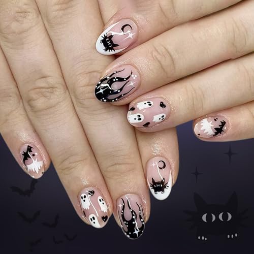 Halloween Press Auf Nägeln Mandel Französisch Tipps Gefälschte Acryl Mit Blumenschläger Designs Für Frauen Full Cover Künstlicher Nagel von Cenifin