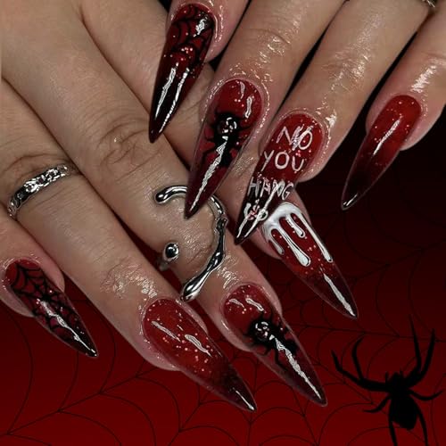 Mandel French Tipps Gefälschte Nägel Acrylnägel Mit Spiders Designs Für Frauen Halloween Presse Halloween Pressenagel von Cenifin