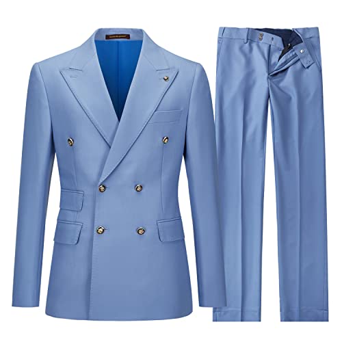 Cenne Des Graoom Herren Slim Fit 2-teiliger Anzug zweireihig Business Hochzeit Abschlussball Smoking Anzüge Blazer & Hose Set, Himmelblau, 50 von Cenne Des Graoom