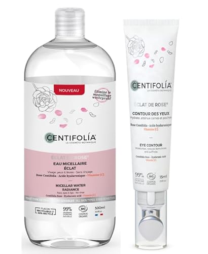 CENTIFOLIA | Mizellenwasser Eclat de Rose 500 ml + Augenkontur 15 ml | ideal für dehydrierte Haut | entfernt perfekt Make-up | entstaut & mildert Schwellungen, hergestellt in Frankreich, Bio von Centifolia