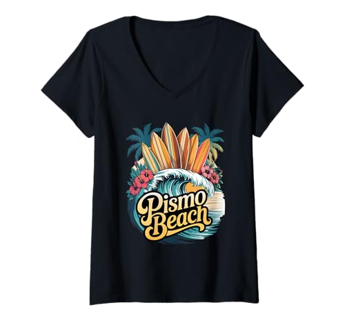 Damen Pismo Beach Surfboards Grafik mit Palmen und Blumen T-Shirt mit V-Ausschnitt Damen Pismo Beach Surfboards Grafik mit Palmen und Blumen T-Shirt mit V-Ausschnitt von Central California Beach Scene Design Collection
