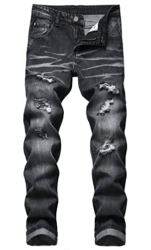 Herren Skinny Slim Fit Moto Jeans Ripped Distressed Destroyed Biker Jeans, Ripped Black, 46 von Centrawin
