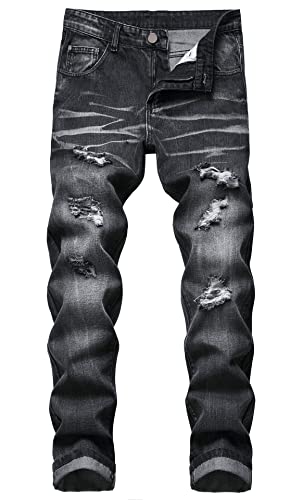 Herren Skinny Slim Fit Moto Jeans Ripped Distressed Destroyed Biker Jeans, Ripped Black, 48 von Centrawin