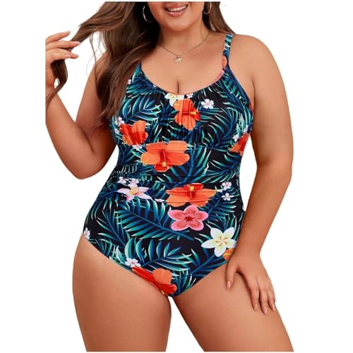 Century Star Badeanzug Damen Große Größe Badeanzug Damen Bauchweg Badeanzüge für Damen Vertikale und horizontale verstellbare Schultergurte Bademode Damen Grünblättrige Färberdistel 3XL von Century Star