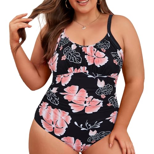 Century Star Badeanzug Damen Große Größe Badeanzug Damen Bauchweg Badeanzüge für Damen Vertikale und horizontale verstellbare Schultergurte Bademode Damen Rosafarbener Aufdruck XXL von Century Star