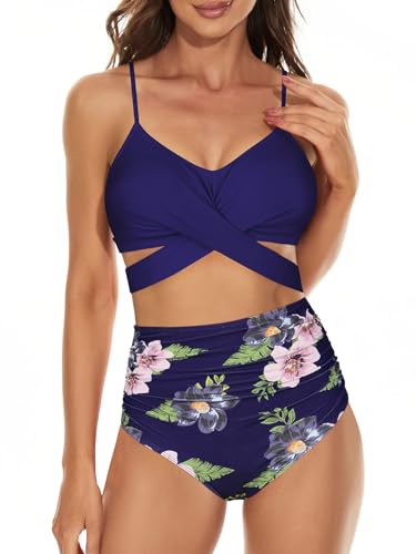 Century Star Bikini Damen Bauchweg Badeanzug High Waist Push Up Bikinis für Damen Verstellbarer Schultergurt Zweiteiliger Badeanzug Marineblau Druck L von Century Star