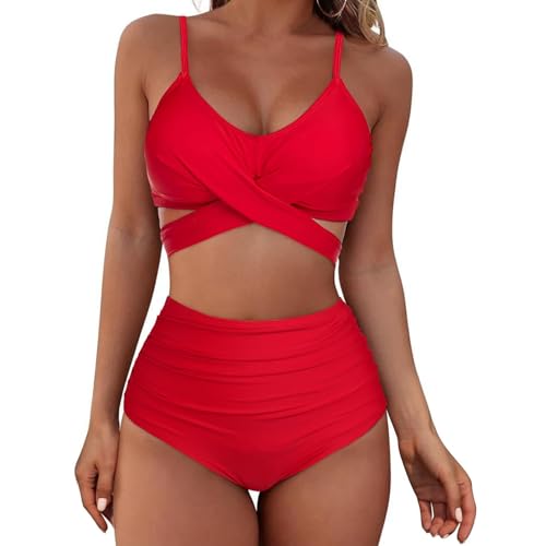 Century Star Bikini Damen Bauchweg Badeanzug High Waist Push Up Bikinis für Damen Verstellbarer Schultergurt Zweiteiliger Badeanzug Rote S von Century Star