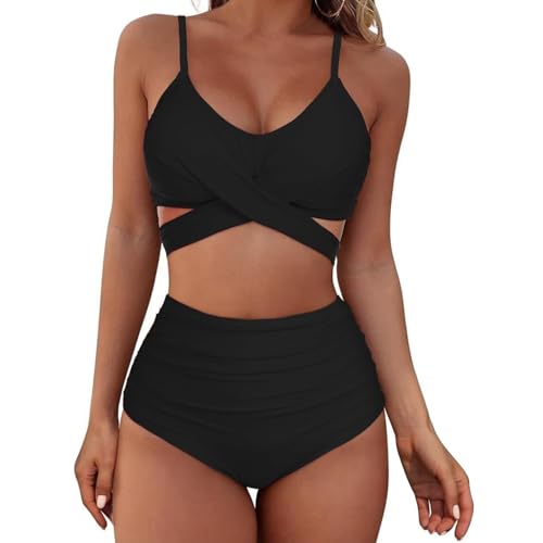 Century Star Bikini Damen Bauchweg Badeanzug High Waist Push Up Bikinis für Damen Verstellbarer Schultergurt Zweiteiliger Badeanzug Schwarze L von Century Star