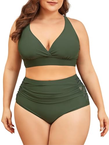 Century Star Bikini Damen Bauchweg Große Brüste Badeanzug V Ausschnitt Bademode Bauchkontrolle Bikini Sets High Waist Armeegrüne 4XL von Century Star