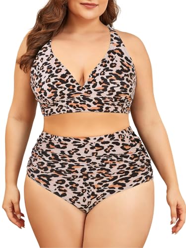 Century Star Bikini Damen Bauchweg Große Brüste Badeanzug V Ausschnitt Bademode Bauchkontrolle Bikini Sets High Waist Leopard-Streifen 3XL von Century Star