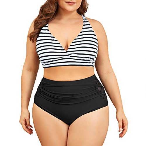 Century Star Bikini Damen Bauchweg Große Brüste Badeanzug V Ausschnitt Bademode Bauchkontrolle Bikini Sets High Waist Schwarz-Weiß Gestreift 2XL von Century Star