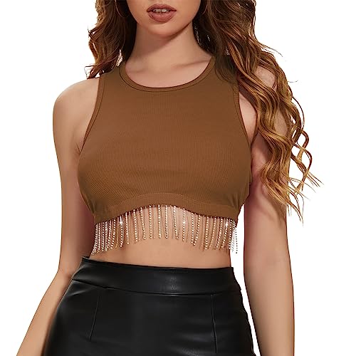 Century Star Crop Tops Damen Tops für Damen Crop Top Damen Sommer Tank Top Damen y2k Top Damen Tops Teenager Mädchen Halloween Deko Skims Dups Festival Outfit Damen y2k Clothes Damen Top Braun S von Century Star