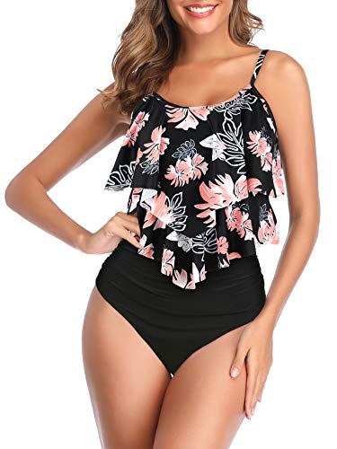 Century Star Tankini Damen Bauchweg Badeanzug Damen Bademode Set Damen Sommer Elegant Badeanzüge für Damen Tankini Oberteil mit Badeshorts Schwarze Rosa Blumen 34-36 von Century Star