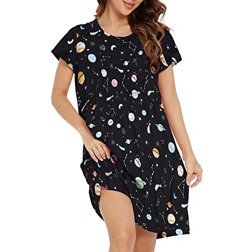 Century Star Damen Nachthemd Nachtwäsche Frauen Rundhals Schlafanzug Nachtkleid Pyjama Kleid Lose Planet M von Century Star