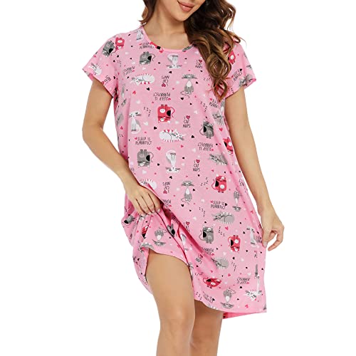 Century Star Damen Nachthemd Nachtwäsche Frauen Rundhals Schlafanzug Nachtkleid Pyjama Kleid Lose Rosa Kätzchen M von Century Star