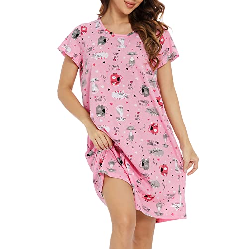 Century Star Damen Nachthemd Nachtwäsche Frauen Rundhals Schlafanzug Nachtkleid Pyjama Kleid Lose Rosa Kätzchen S von Century Star