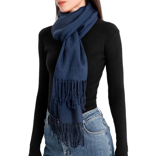 Century Star Damen-Schal Mit Fransen - Funktional als Schal und Poncho füR Den Winter. Mehrere Farben VerfüGbar - Klassisch, Vielseitig und Warm-Navy Blau von Century Star