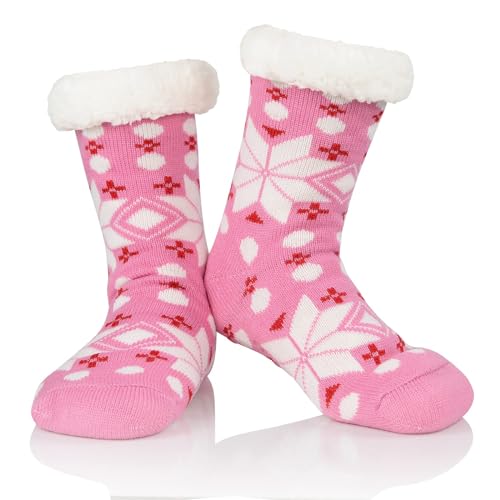 Century Star Kuschelsocken Damen Stoppersocken Thermosocken Hüttensocken Flauschige Dicke Socken Rosa Schneeflocken von Century Star