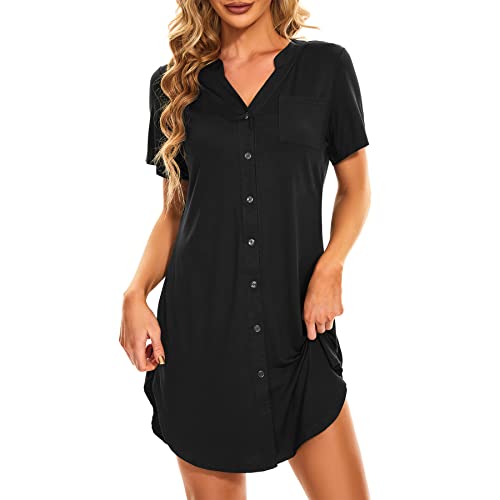 Century Star Nachthemd Damen Kurzarm Nachthemden für Damen Nachthemd Damen Baumwolle Schlafshirt Damen Oversize Nachthemd Damen Sexy Stillkleid Geburtskleid Nachthemd Damen Sommer Schwarz L von Century Star