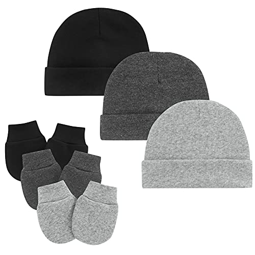 Century Star Neugeborenes Babymütze und Baby Handschuhe Set Baumwolle Beanie Unisex Mütze Baby Mädchen Jungen für 0-6 Monate 3er Set Schwarz Grau und Schwarzgrau von Century Star