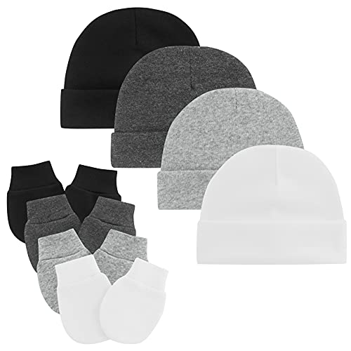 Century Star Neugeborenes Babymütze und Baby Handschuhe Set Baumwolle Beanie Unisex Mütze Baby Mädchen Jungen für 0-6 Monate 4er Set Weiß Schwarz Grau und Schwarzgrau von Century Star