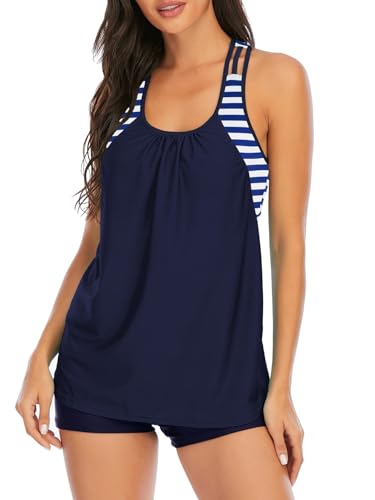 Century Star Tankini für Damen Set Badeanzug Bauchweg Badebekleidung mit Badehose Zweiteiliger Push up Große Größen Marineblau gestreift 40-42 von Century Star