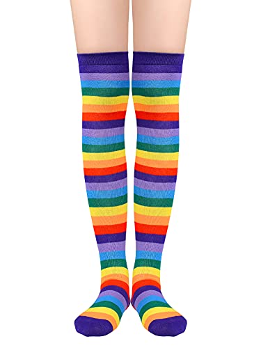 Century Star Overknees Strümpfe Damen Regenbogen Socken Damen Baumwolle Lange Gestreifte Socken Ringelsocken Kniestrümpfe Damen Lila Regenbogen von Century Star