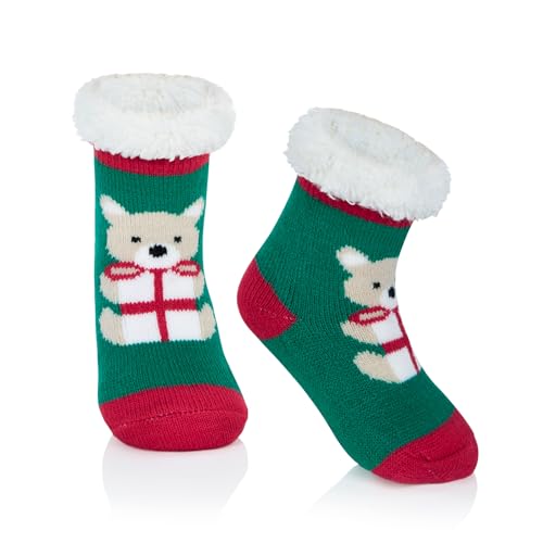 Century Star Weihnachtssocken Kinder Kuschelsocken Kinder Stoppersocken Thermosocken Haussocken für Jungen und Mädchen Grüner Bär 1-3 Jahre von Century Star