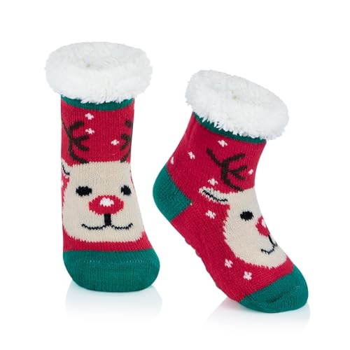 Century Star Weihnachtssocken Kinder Kuschelsocken Kinder Stoppersocken Thermosocken Haussocken für Jungen und Mädchen Roter Elch 0-6 Monate von Century Star