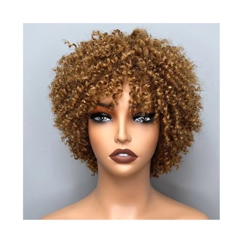 Perücke für Damen Kurze Afro-Perücken aus gelocktem Echthaar, brasilianisches Remy-Haar, 99J, mit Pony, Perücken for Frauen Für den täglichen Partygebrauch(Bruin) von Cenz-888