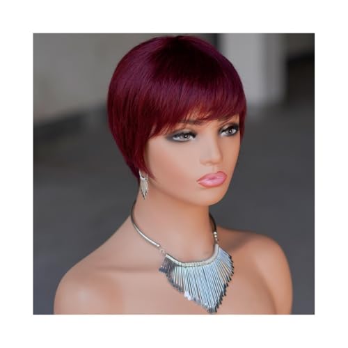 Perücke für Damen Kurze schwarze Perücke Echthaarperücken for Frauen Pixie Cut Perücke Brasilianische Echthaarperücke Für den täglichen Partygebrauch(Red) von Cenz-888
