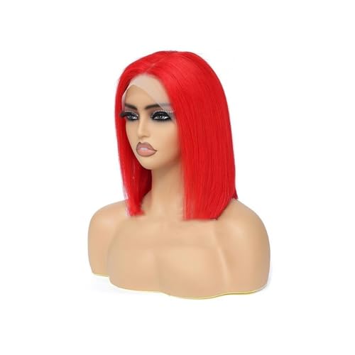 Perücke für Damen Rose Pink Kurze farbige Bob Echthaarperücken 13X4 Transparente Spitze Vorgezupfte Perücke Für den täglichen Partygebrauch(Red,12inches) von Cenz-888