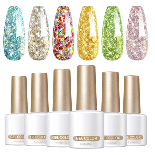 Ceprznvey Glitter Nail Polish, 6-Color Manicure Kit, UV LED Soak Off Glossy Finish 7ml Long Lasting Hand Health Care Set, Sparkly Gel Polished For Daily Use von Ceprznvey