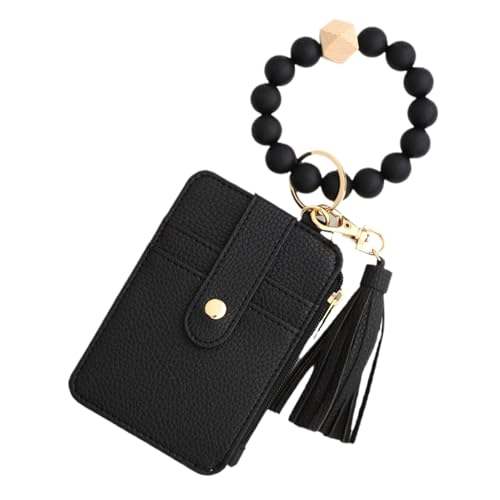 Ceprznvey Tassel Card Holder, Card Wallet, Card Holder, Portable Card Wallet, Bohemian Leather Card Wallet with Tassel and Beaded Lanyard Portable PU Leather Card Holder for Identity Cards, Schwarz , von Ceprznvey