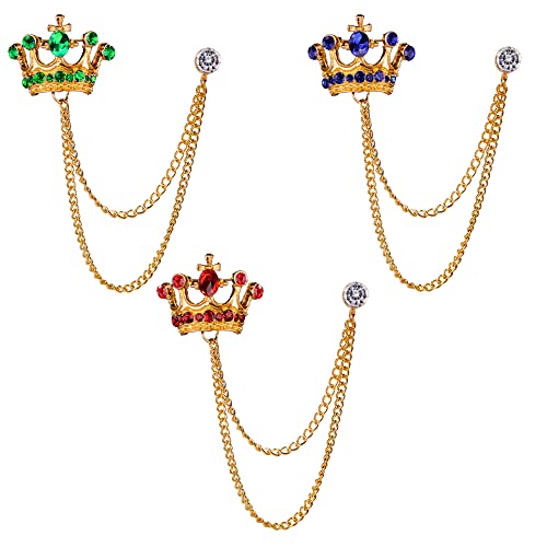 Ceqiny 3 Stk Anzugbrosche für Herren, Krone Brosche Anstecknadel Pin, Kronen Ketten Brosche Kristall Abzeichen Kettennadel Hemden Krawattennadeln für Damen Herren Anzug Dekoration Accessoires von Ceqiny