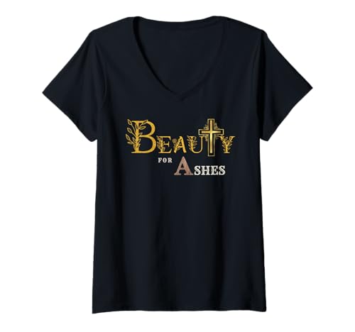 Damen Beauty for Ashes Damen & Mädchen Schrift Goldenes Kreuz Floral T-Shirt mit V-Ausschnitt Damen Beauty for Ashes Damen & Mädchen Schrift Goldenes Kreuz Floral T-Shirt mit V-Ausschnitt von Ceramic Scripture Christian Faith Scripture Gifts