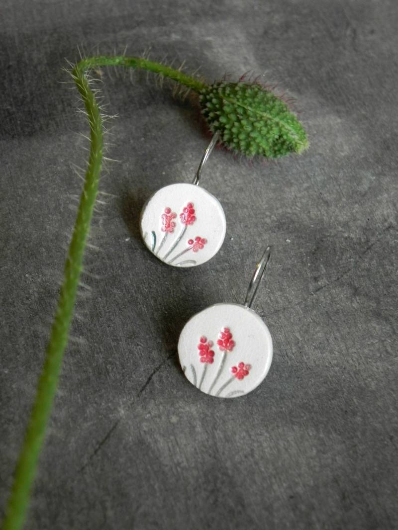 Keramik Blumen Baumeln Ohrringe Runde Rot Und Weiß Romantisch Jeden Tag Schmuck Eco Freundlich von Ceraminic