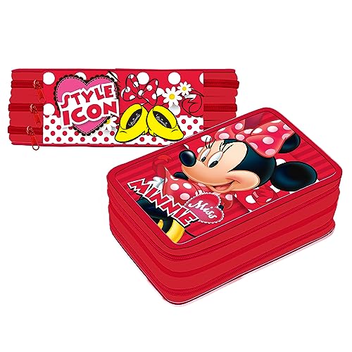 Cerdà Plumier Disney Minnie Mouse Triple School Pencil Case, 3 Zip with Organized Compartments, Complete 44 Pieces GIOTTO colors, Original Girl 20 cm, Red Polka Dots, Red, 3 Zip Pencil Case, Red, 3 von Cerdà
