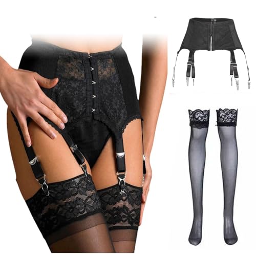 Damen Strapsgürtel Leder Strapsen Spitze, Strapsgürtel Breit Große Größen, Strapsen Dessous Set, Strumpfhalter Mit 6 Halter, Transparent High Waist Strumpfgürtel, Spitze Garter Belt, XXXL von Cerioll