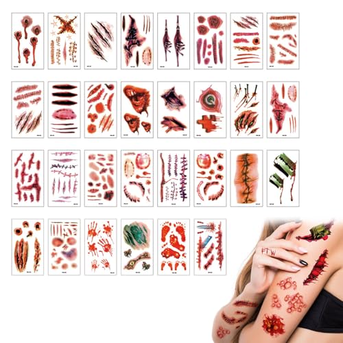 Halloween Temporäre Tattoos, 30 Blatt Narben Tattoo Halloween, Wunden zum Aufkleben Zombie, Scars Wunden Tattoos Aufkleber Kunstblut Gruselig für Cosplay Party Dekoration Kinder Erwachsener Makeup von Cerioll