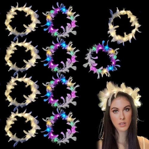 LED Haarschmuck, LED-Feder-Stirnband, LED Blumenkranz Haare, 10 Stück LED Federkranz Stirnband, LED-Feder-Stirnbänder, LED-Federkranz, LED Haarreif, Perfekt für Festivals Hochzeiten Party Zubehör von Cerioll