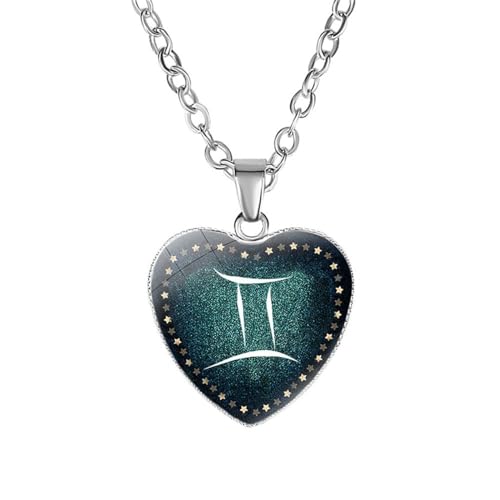 Cernomal 12 Sternbild-Halsketten – Glas-Cabochon-Herzform-Symbol-Anhänger-Pullover-Kette, Klassischer Sternzeichen-Horoskop-Schmuck Für Männer Und Frauen, Geburtstagsgeschenk, Zwillin von Cernomal